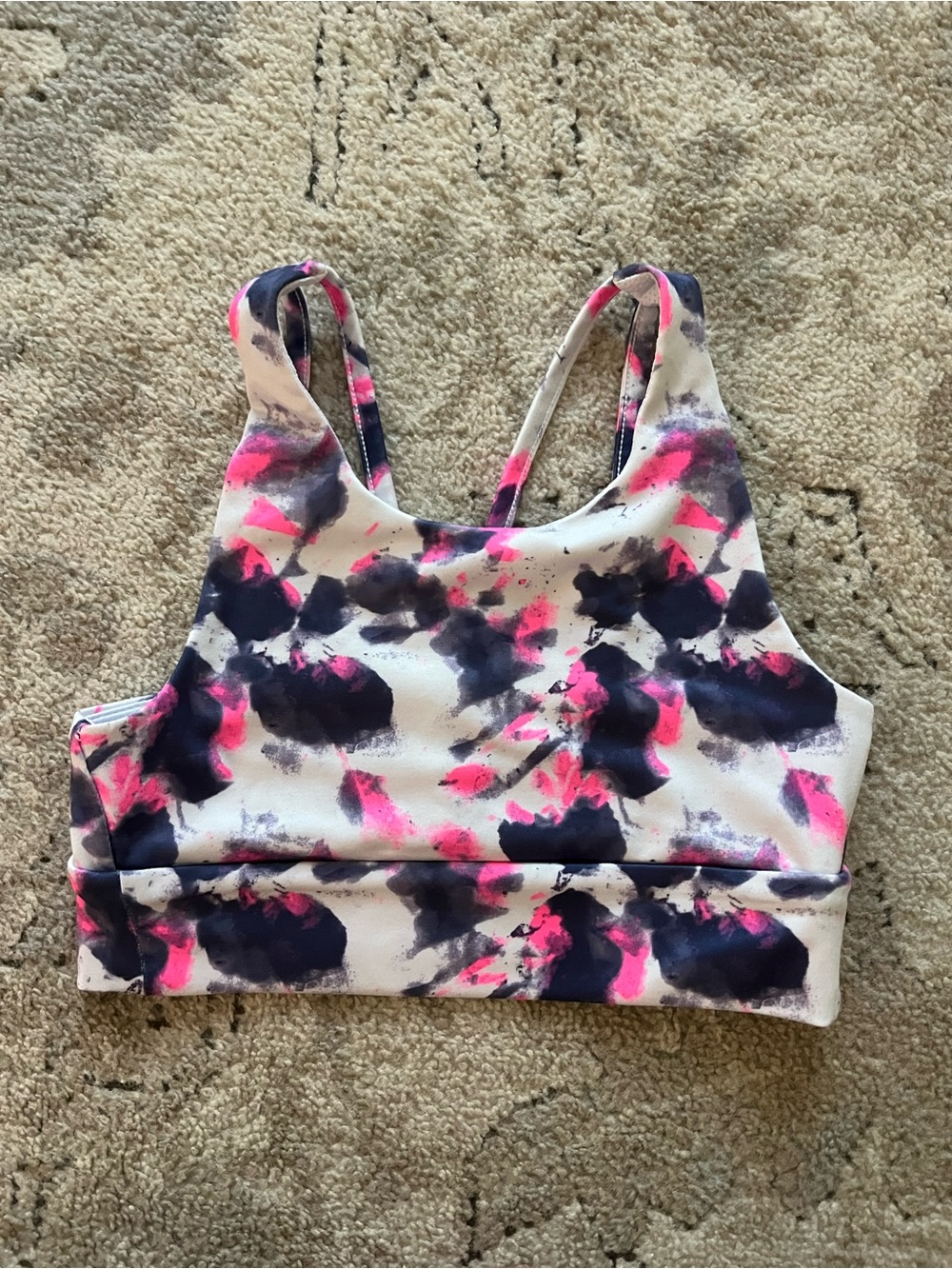 Athletic Works White Sports Bra with Pink and Navy Abstract Print